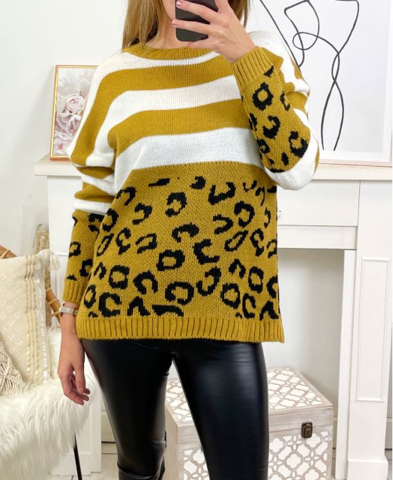 LEOPARD SHA08 SWETER Z WEŁNY MUSZTARDOWEJ