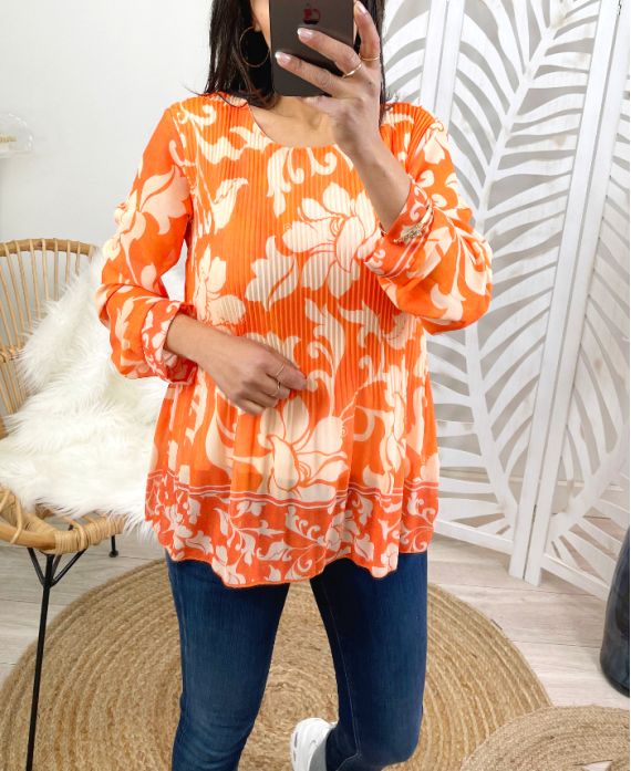 BLOUSE PLISSEE IMPRIMEE PE122 ORANGE