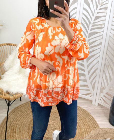 GEPLOOIDE BLOUSE BEDRUKT PE122 ORANJE