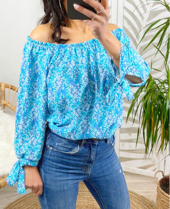 FLOWER TOP ELASTIC NECKLINE PE217 BLUE