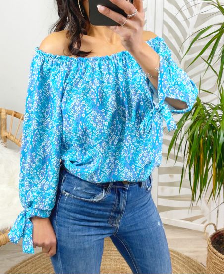 FLOWER TOP ELASTISCHE HALSLIJN PE217 BLAUW