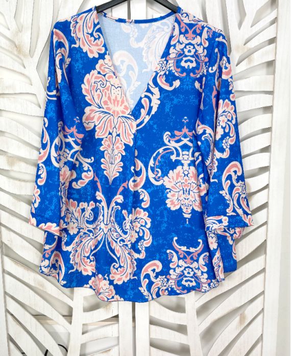 BLOUSE PRINTED V-NECK PE397 ROYAL BLUE