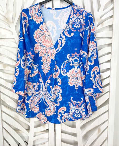 BLUSA ESTAMPADA CON CUELLO EN V PE397 ROYAL BLUE