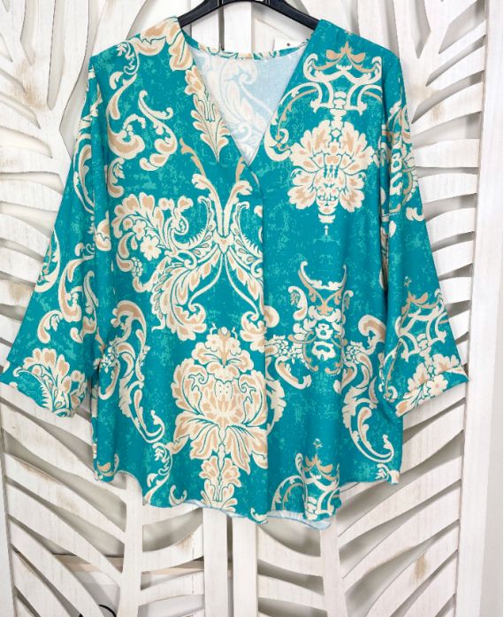 BLUSA STAMPATA SCOLLO A V PE397 LAGOON BLUE