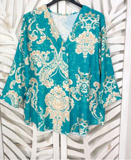 BLUSA STAMPATA SCOLLO A V PE397 LAGOON BLUE