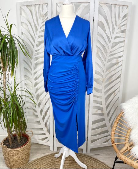 LONG PLEAT SKIRT SLIT STRETCH FABRIC PE433 ROYAL BLUE