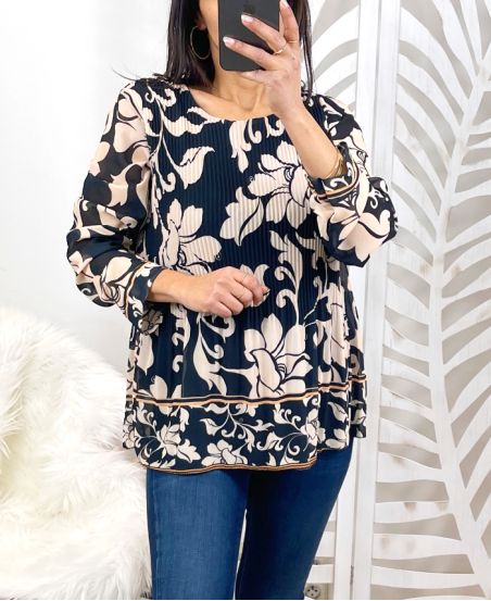 BLOUSE PLISSEE IMPRIMEE PE122 NOIR