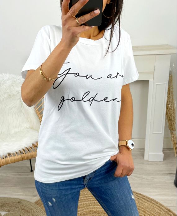 T-SHIRT IN COTONE "YOU ARE GOLDEN" PE963 BIANCO