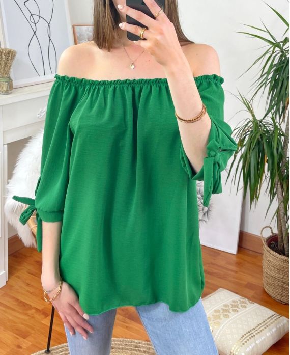 ELASTIC NECKLINE TOP PE1391 EMERALD GREEN