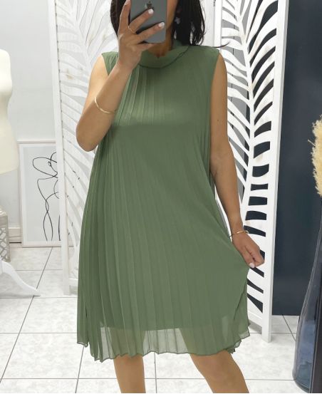 PLISSÉ JURK EVASEE PE645 MILITARY GREEN