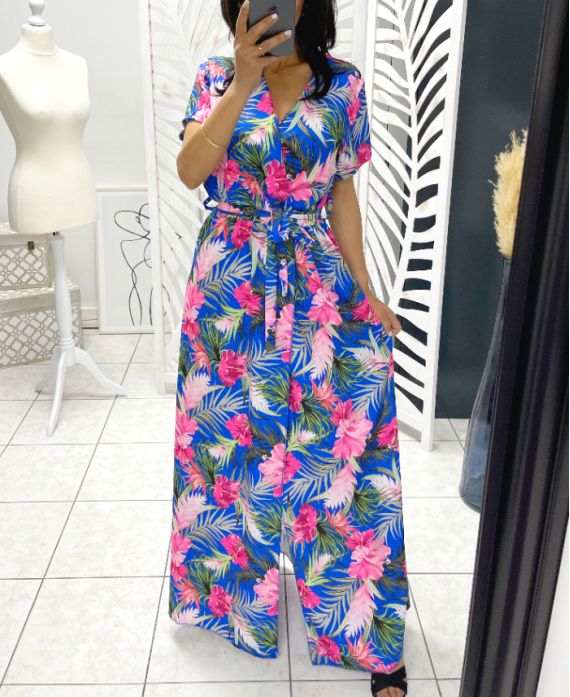 TROPICAL LONG DRESS WITH SLIT PE1283 ROYAL BLUE