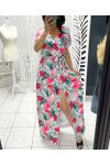 LONG TROPICAL DRESS WITH SLIT PE1283 WHITE