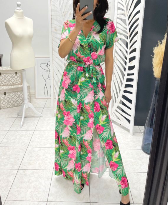 VESTIDO LARGO TROPICAL CON VERDE PE1283 SLIT