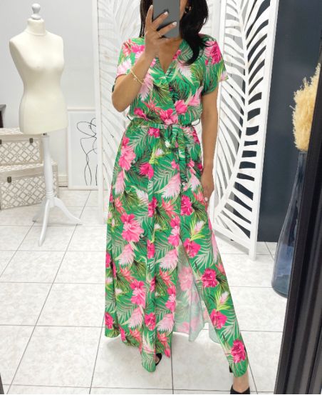 VESTIDO LARGO TROPICAL CON VERDE PE1283 SLIT