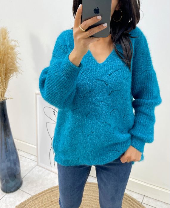 WEICHER DURCHBROCHENER PULLOVER AH62 ÖLBLAU