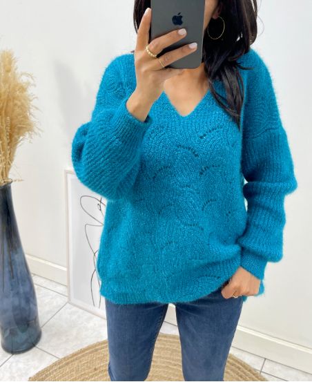 PULLOVER DOUX AJOURE AH62 BLEU PETROLE