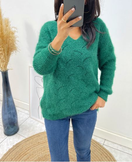 PULLOVER DOUX AJOURE AH62 VERT EMERAUDE