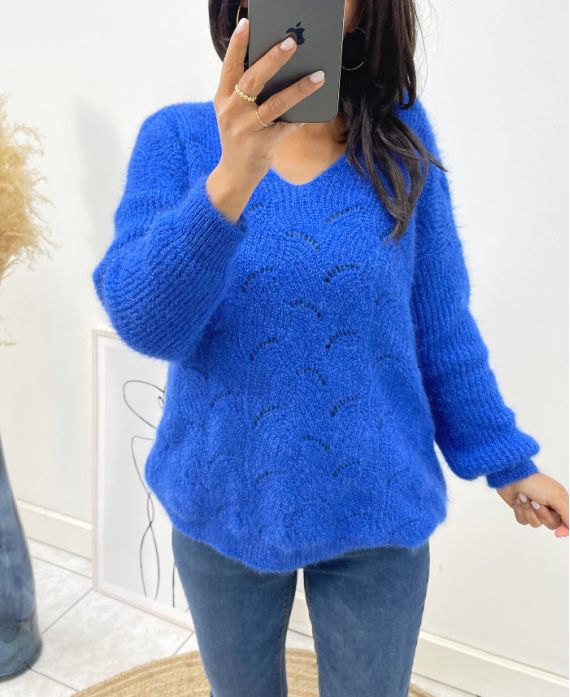 PULLOVER DOUX AJOURE AH62 BLEU ROYAL