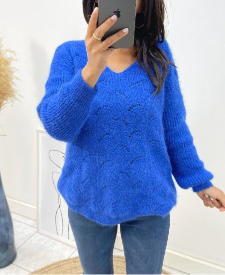 PULLOVER DOUX AJOURE AH62 BLEU ROYAL