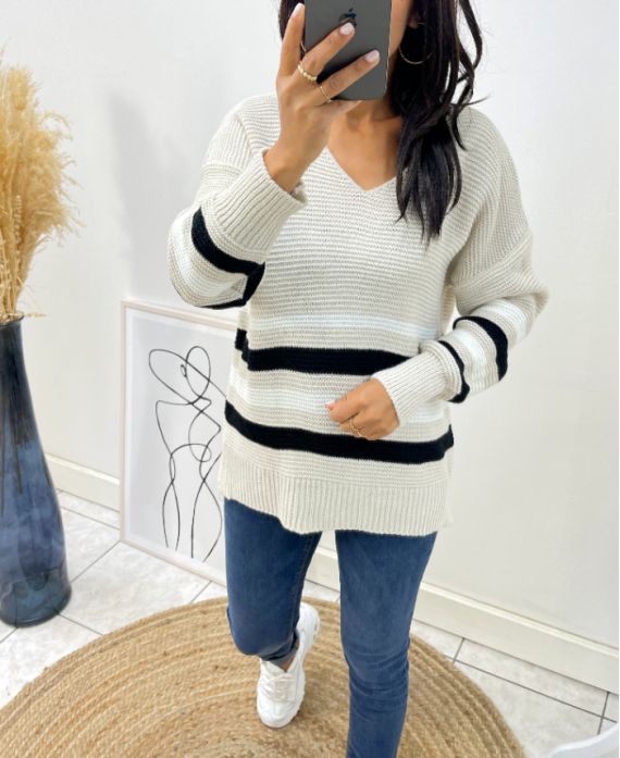 WOOL PULLOVER AH68 BEIGE STRIPES