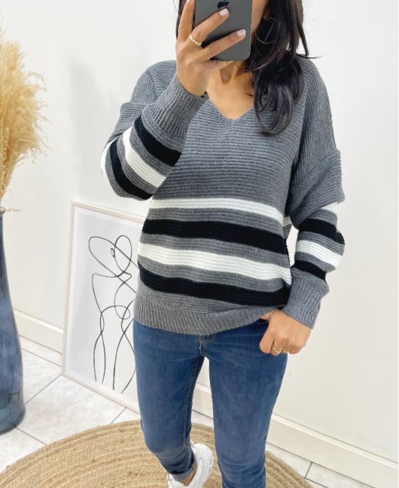 AH68 STRIPED WOOL PULLOVER DARK GREY