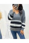 PULLOVER LAINE A RAYURES AH68 GRIS FONCE