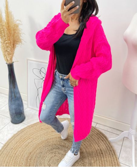 GILET LONG TORSADE A CAPUCHE AH96 FUSHIA