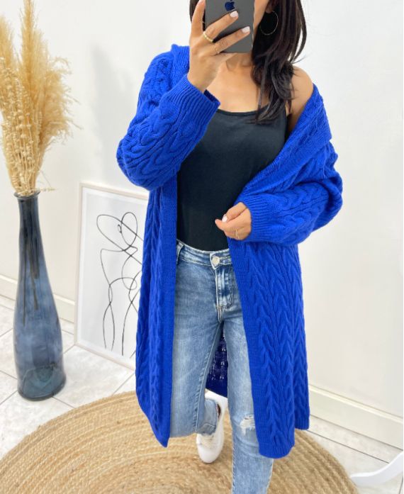 GILET LONG TORSADE A CAPUCHE AH96 BLEU ROYAL