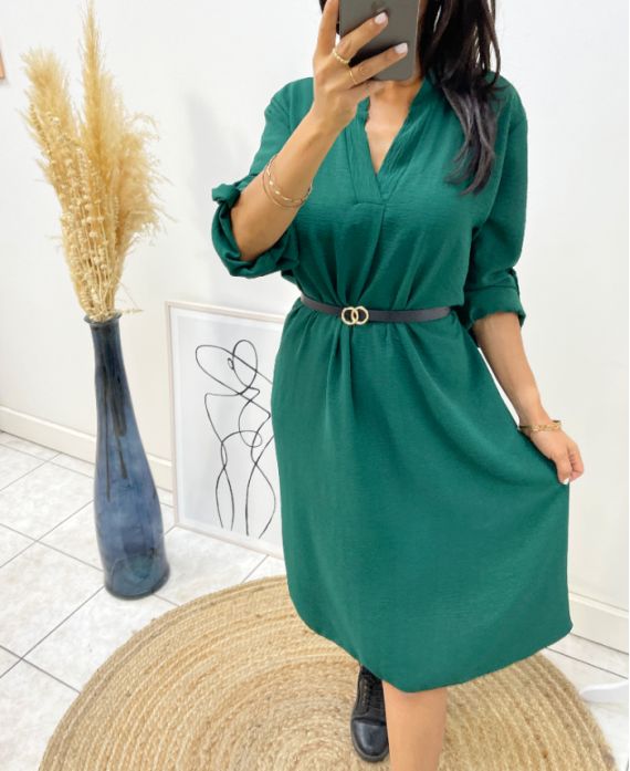 ROBE TUNIQUE OVERSIZE + CEINTURE OFFERTE AH264 VERT EMERAUDE