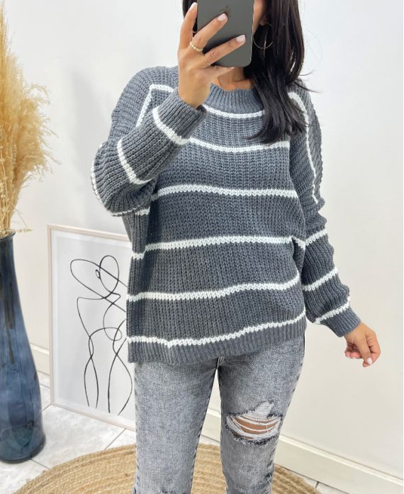 AH158 PULLOVER A RIGHE GRIGIO SCURO