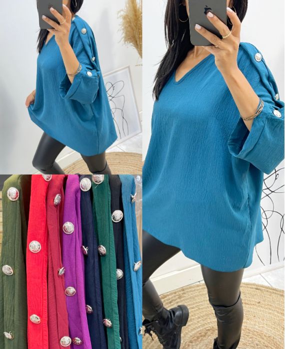 OVERSIZED TOP MET FANCY BUTTON AH326 PETROLE BLAUW