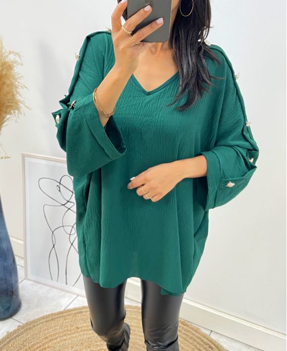 OVERSIZE TOP WITH FANCY BUTTON AH326 EMERALD GREEN