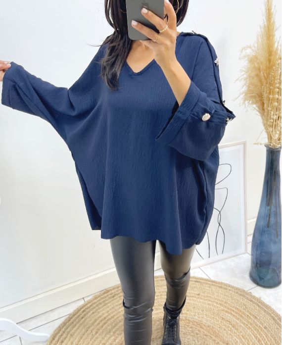 TOP OVERSIZE A BOUTON FANTAISIE AH326 BLEU MARINE