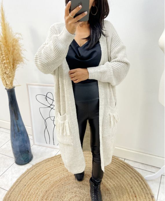 GILET LONG A POCHES A FRANGES AH215 BEIGE