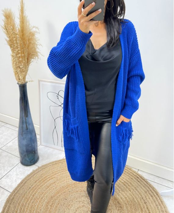 GILET LONG A POCHES A FRANGES AH215 BLEU ROYAL