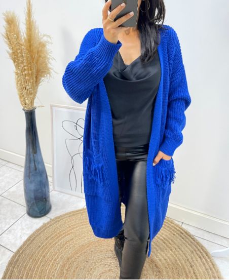 GILET LONG A POCHES A FRANGES AH215 BLEU ROYAL