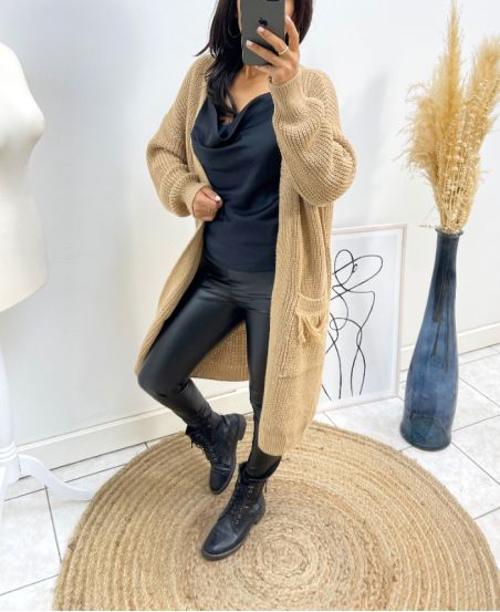 GILET LONG A POCHES A FRANGES AH215 CAMEL