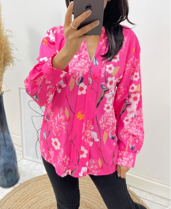 BLOUSE BEDRUKTE KRAAG MAO SATIJN EFFECT PE369 FUSHIA