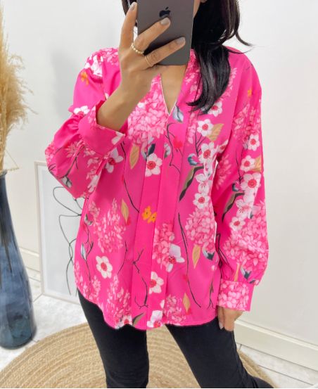 BLUSA CUELLO ESTAMPADO MAO EFECTO SATÉN PE369 FUSHIA