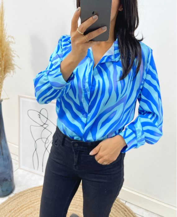 SATIN SHIRT PRINTED ANIMAL PE218 BLUE