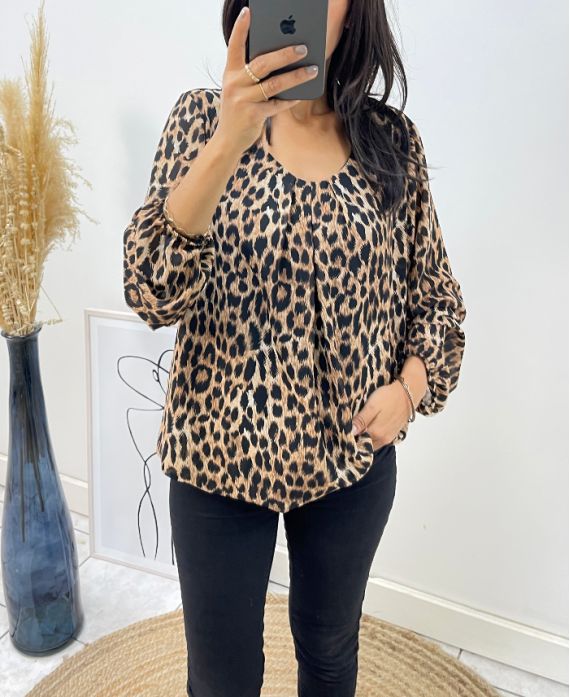 BLOUSE IMPRIME ANIMAL EFFET BOULE AH218 I3 LEOPARD