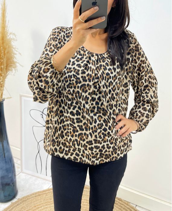 BLOUSE IMPRIME ANIMAL EFFET BOULE AH218 I1 LEOPARD