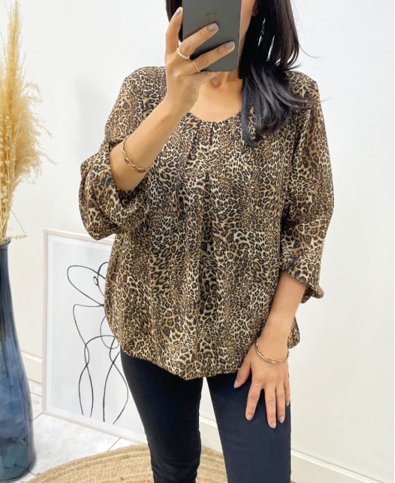 BLOUSE IMPRIME ANIMAL EFFET BOULE AH218 I2 LEOPARD