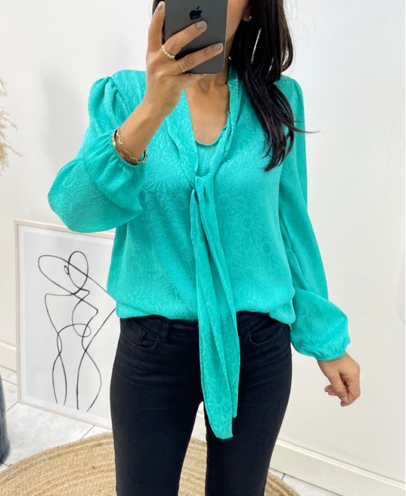 BLUSA IN PIZZO TESSUTI COLLO A CRAVATTA PE327 VERDE