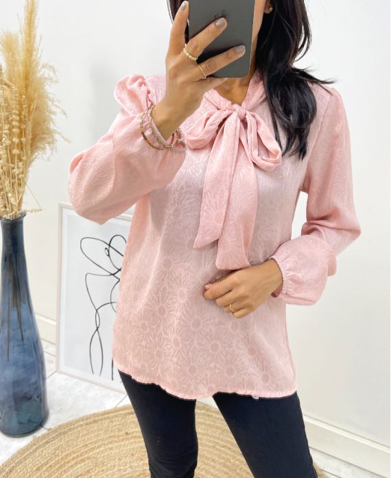 BLUSA TELAS CUELLO DE ENCAJE PARA CORBATA PE327 ROSA