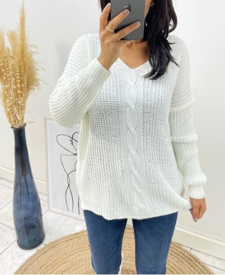 PULLOVER LAINE COL V TORSADE AH192 BLANC