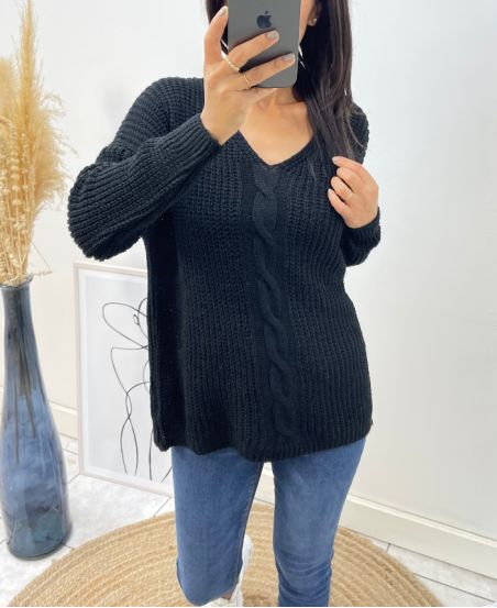 PULLOVER LAINE COL V TORSADE AH192 NOIR