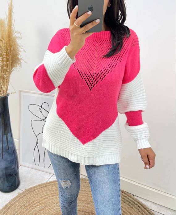 BI-COLOR OPENGEWERKTE PULLOVER AH210 FUSHIA