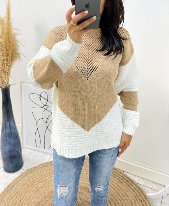 BI-COLOR OPENWORK PULLOVER AH210 CAMEL