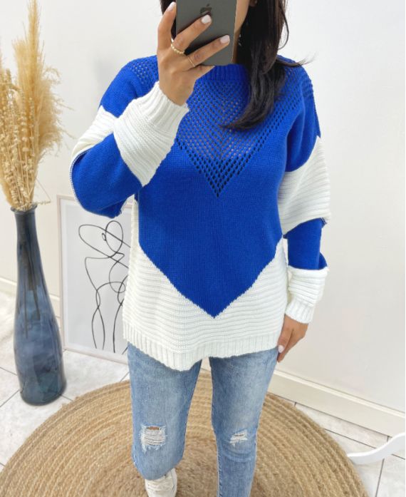 PULLOVER BI-COLORE AJOURE AH210 BLEU ROYAL